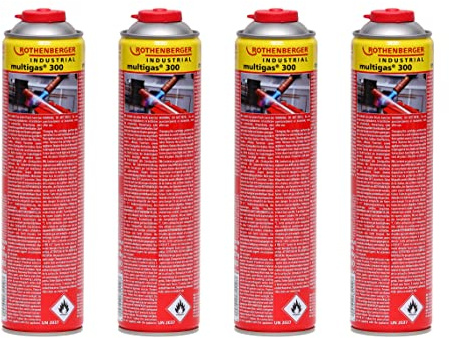 ROTHENBERGER Industrial Multigas 300 Gas Kartusche | 600 ml | 338g | Anschluss: 7/16“ EU | Norm EN 417 selbstverschließend | 4 Stück