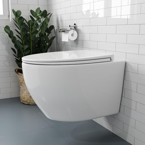 HOROW Wand WC Keramik Hänge WC Set Toiletten mit abnehmbaren Deckel sitz mit Absenkautomatik Hängetoilette, D-Form, kompakte Design Toilette Gästebad, 52 cm