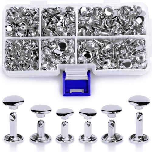 Tundi 300 Sets Ledernieten, 3 Größen Ledernieten mit doppelter runder Kappe, röhrenförmige Metallnieten für Lederhandwerksreparaturen und Dekorationen (Silber)