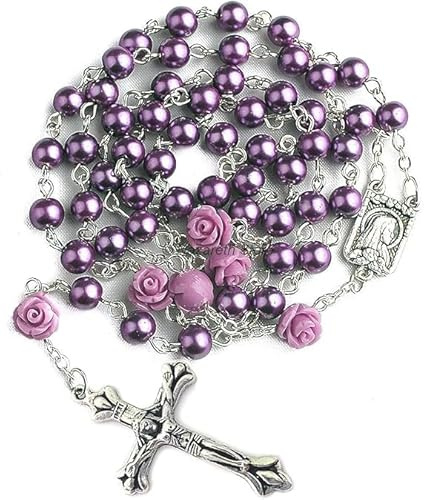 Nazareth Store Katholische Lila Perle Perlen Rosenkranz Halskette 6pcs Unsere Rose Lourdes Medaille & Kreuz NS