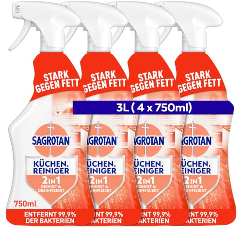Sagrotan Küchen-Allzweck-Reiniger Spritzige Zitrone – 2in1 Desinfektionsreiniger für die zuverlässige Reinigung von Küchenoberflächen – 4 x 750 ml Sprühflasche