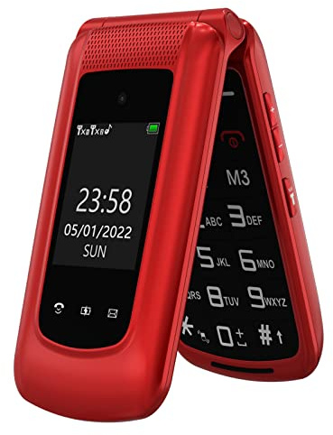 CHAKEYAKE Seniorenhandy Ohne Vertrag, Klapphandy mit Groüe Tasten,GSM Tastenhandy Seniorentelefon Mit 2.4 Zoll Dual Großem Display, SOS Notrufknopf für Senioren, Fackel, Kurzwahltasten, FM-Radio(Rot)