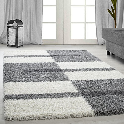 Carpetsale24 Hochflor Teppich 160 x 230 cm Hellgrau – Weicher Shaggy Flokati im Karierten Design – Vielseitiger Wohnteppich für Schlafzimmer, Wohnzimmer oder Essbereich – Pflegeleicht