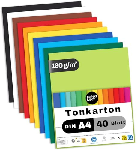 perfect ideaz - Tonkarton DIN A4-5 oder 10 Farben - 160-180g/m² - Blauer Engel zertifiziert, Made in Germany - voll durchgefärbt, kein Ausbluten (10 Farben - R)
