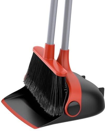 MR.SIGA Besen und Kehrschaufel Set mit langem Stiel, Standbesen mit Kehrschaufel für die Bodenreinigung, leichtes Kehrset für den Innen- und Aussenbereich, 51.7(131 cm) Langer Stiel, Schwarz & Rot