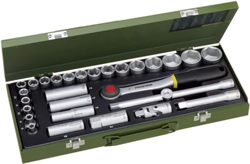 PROXXON Steckschlüsselsatz, Für die kraftvolle Mechanik mit 1/2-Umschaltratsche, 29-teiliges Werkzeug-Set mit Stahlkasten, 23000