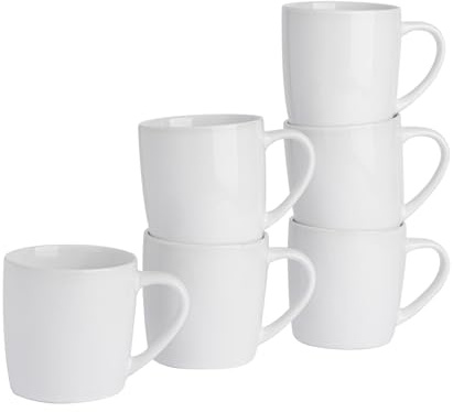 Argon Tableware Farbige Kaffeetassen - Weiß - 350 ml - 6 Stück - glänzende Keramik-Steinzeug-Teetassen, Tassen für Latte, Cappuccino, Tassen für heiße Schokolade, buntes Tassenset mit Henkel