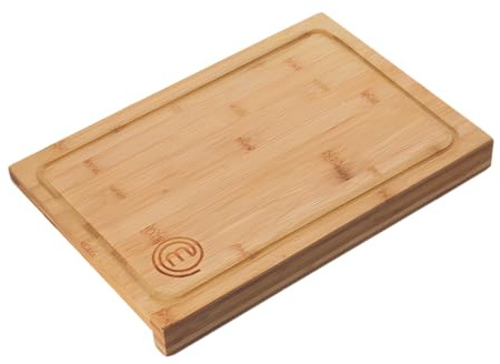 MasterChef Schneidebrett Holz, Holzbrett Küche aus Bambus, für Fleisch, Schinken, Brot, Käse, mit Saftrille und Anschlagkante, Natürlich, Nachhaltig,38.5L x 26.5W x 2H