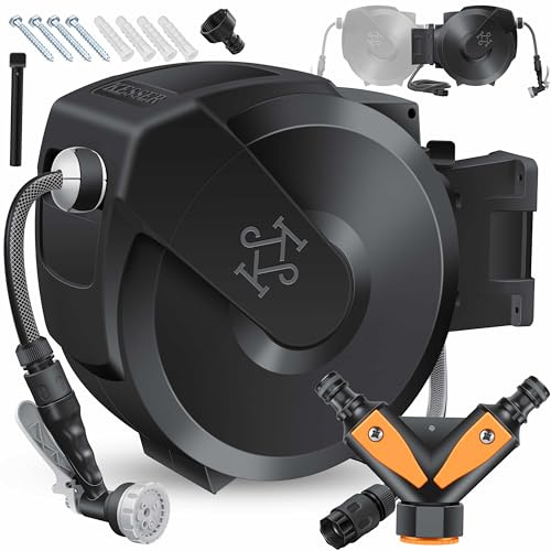 KESSER® Schlauchtrommel mit Gartenschlauch 35m | Wasserschlauchtrommel zur Wandmontage | Wandhalterung | 180° schwenkbar & automatische Aufrollung | Wand-Schlauchbox inkl. 7-Funktionen Handbrause