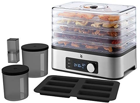 WMF Küchenminis Dörrautomat Edelstahl, Dörrgerät mit 5 Einlegefächern, 30-70°C, bis 24h-Timer, Obsttrockner, Dehydrator, 2 Aufbewahrungsboxen, Müsliriegelform, spülmaschinengeeignete Teile