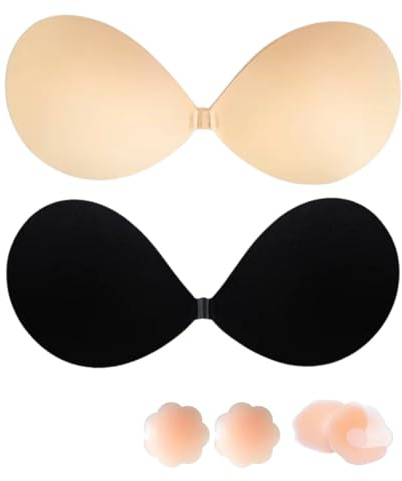 Klebe BH Push-Up, BH-Rückenfrei Trägerloser, Klebe Große Brust Push-Up, Trägerloser Sticky Bra, Ohne Träger Unsichtbarer, Invisible Bra 2Stück mit 4Pcs Nippelpads-D