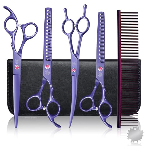 Moontay Hundeschere Set Profi, 440C Edelstahl Fellschere für Hunde, Gerade Schere, Gebogene Schere, Effilierschere, Fischgräten Schere, Kamm, Einstellwerkzeug, Reinigungstuch und Tasche, Lila