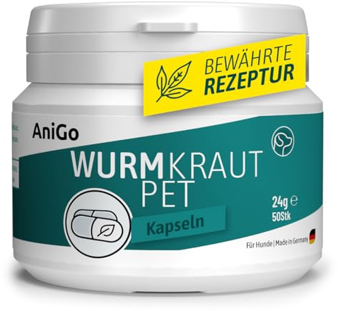 AniGo Wurmkraut PET Kapseln 50 Stück – für Hunde, mit echtem Wurmkraut (Artemisia Absinthium) in rezepturbasierter Pflanzenformel, geeignet für Hunde Aller Rassen