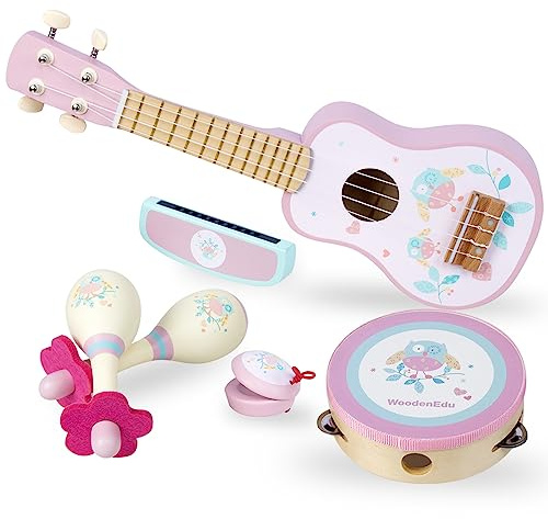 WOODENFUN Kinder Gitarre für Mädchen, Holz Musikinstrumente Spielzeug mit Ukulele, Tamburin, Maracas, Harmonika, Mini Band Sets für Kleinkinder 2 3 Jahre alt Geburtstagsgeschenk(Rosa)