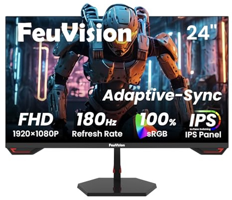 FeuVision 24 Zoll Gaming Monitor, 180Hz, FHD 1080p PC Monitor, 1ms, IPS Panel, FreeSync, Adaptive-Sync, VESA montierbar, Eye-Care, 100% sRGB, Rahmenlos Bildschirm, HDMI*1, DP*1