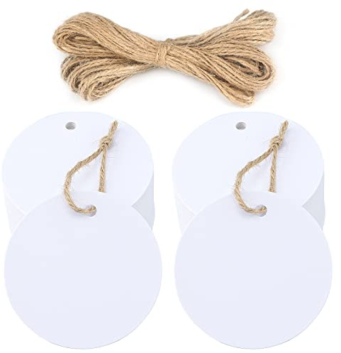 Rund Geschenkanhänger Kraftpapier Etiketten 5,5 cm, 100 Stück Hängeetiketten und Juteschnur, für Handwerk, Hochzeit, Weihnachten, Geschenkverpackung (Weiß)