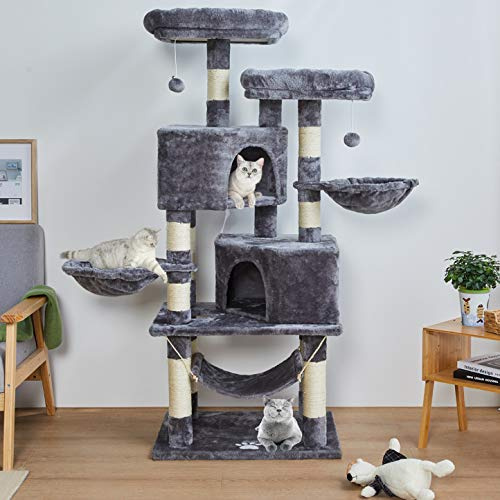MSmask Stabiler Kratzbaum, Kratzbaum groß mit 2 Plattformen, Katzenbaum für Große Katzen, mit großer Höhle, Sisalstämme, Natur Sisal Katzenkratzbaum, Hellgrau