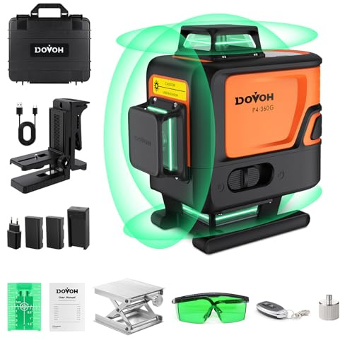 DOVOH Kreuzlinienlaser 360, Selbstnivellierung 4D 360 grad laser, 16 Linien Grüner Strahl, Ausrichtungslaser mit Pulsmodus, Class Ⅱ, P4-360G