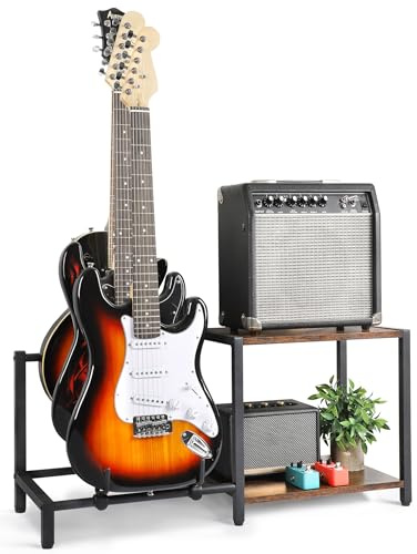 Bikoney Gitarrenständer Verstellbar für 3 Gitarren mit Verstärker-Ständer | Kapazität für 3 E-Gitarren oder Bass, Schonende Beschichtung als Kratzschutz, mit Verstärker-Ständer, Verstellbarer Abstand