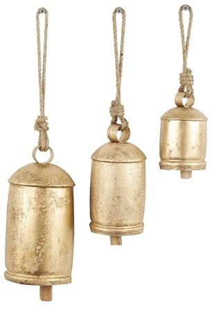 Deco 79 Dekorative Kuhglocken im tibetischen Stil aus Metall mit Jute-Hängeseil, 3er-Set, 25,4 cm, 20,3 cm, 15,2 cm hoch, Gold