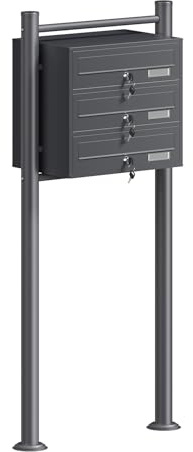 Wiltec 3er Briefkastenanlage Anthrazit 556 x 270 x 1200 mm, Standbriefkasten mit 3 Fächern, Schlüssel und Namensschild, Briefkasten Postkasten mit Ständer