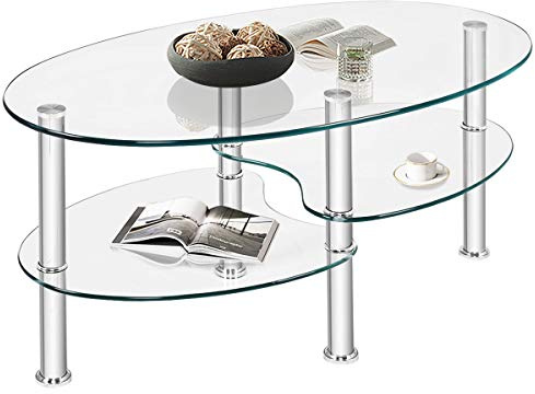 LIFEZEAL Couchtisch Glas, Glastisch 3 Ebenen, Wohnzimmertisch oval mit Metallgestell, Kaffeetisch Sofatisch für Wohnzimmer & Büro, Modernes Design 90x50x45cm (Transparent)