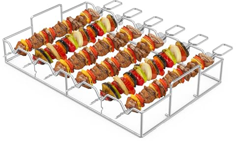 onlyfire Schaschlikspieße und Gestell-Set, Edelstahl-Grillspieße für Outdoor-Camping, Grillen und Gas-/Holzkohlegrill (6 × Schaschlikspieße und 1 × Schaschlik-Rack)
