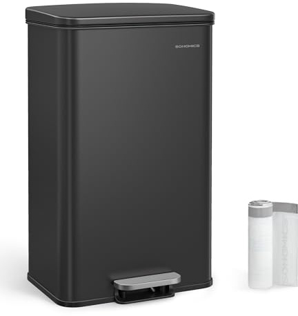 SONGMICS Mülleimer Küche, 40 Liter Tretmülleimer, mit Deckel, Softclose | Großer Abfalleimer, aus Stahl, inklusive 15 Müllbeutel, tintenschwarz, PLUSHIC Kollektion LTB540B4002