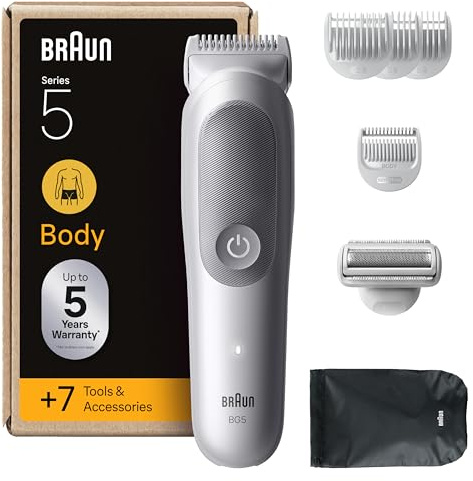 Braun Bodygroomer Series 5, Elektrischer Körperrasierer Herren mit 7 Zubehörteile, Kabelloser Trimmer für Intimbereich und Körper, 100 Min Akku, Wasserdichter Körperhaartrimmer, BG5555, Grau