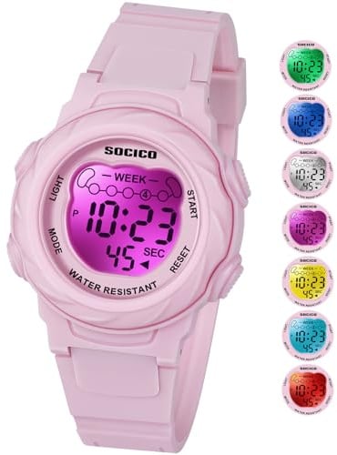 SOCICO Kinderuhr Digitaluhren für Mädchen Jungen, wasserdicht 5ATM, 7 Farbe leuchtet Uhren für Kinder mit Alarm Stoppuhr, weiche Band Armbanduhr für Mädchen und Jungen im Alter von 5-12.