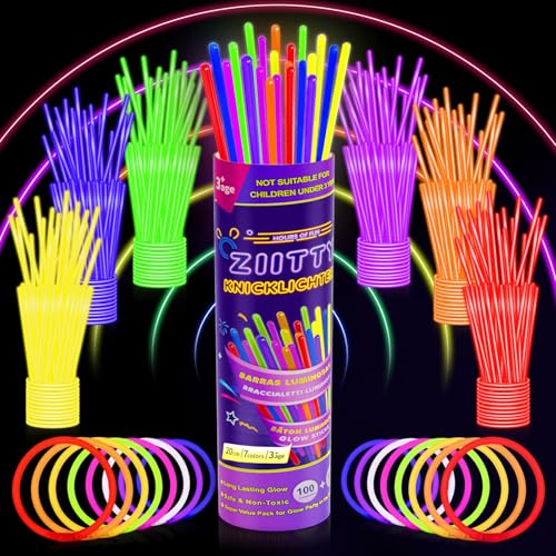 Ziitty Knicklichter Party Set, 7 Tolle Farben Knicklichter Kinder, 100 Leuchtstäbe mit 100 Verbinder für Armbänder Armringe,Neon Party Gadgets für Party Deko Hochzeiten Silvester Feuerwerk