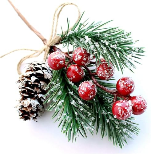 Puluole 10 Stück Beeren Tannenzapfen für DIY Handwerk - Valentine Dekorationen Picks Spray Immergrüne künstliche Tannenzweige, Stechpalmenstiel, Weihnachtsdekoration, Geschenkverpackung, Verzierung