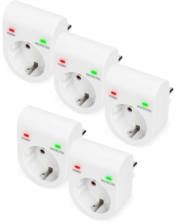 DIGITUS DN-95400 – Überspannungs-Schutzadapter – 5 Stück – 16 A / 230 V / 50 Hz – Max. 3.500 W – LED Status-Anzeige – Ableitstrom Max. 13.500 A – Weiß