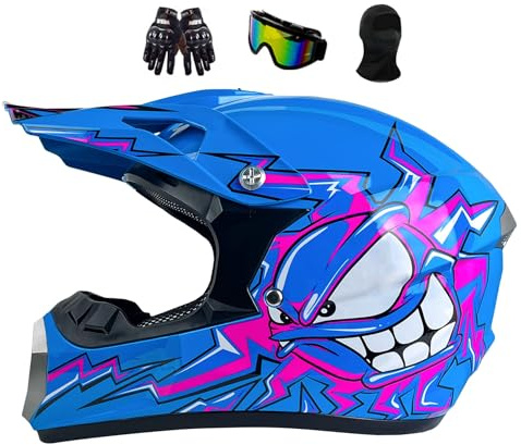 Downhill Motorradhelm Kinder, Jugendliche Motocross Helm Fullface MTB Integralhelm Herren Damen Motorrad Crosshelm, Ideal für Dirtbiken Offroad-Aktivitäten, Mit Handschuhe Brille(Blue,M(54-55CM))