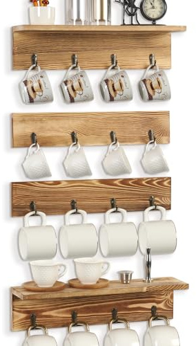 JUJOYBD Rustikaler Tassenhalter Holz 4er Set Wandmontage, 16 Tassenhaken | Hängendes Tassenregal mit Ablage für Kaffeebecher, frei Kombinierbar, Ideal für Küche, Kaffeeecke, Pausenraum & Flur