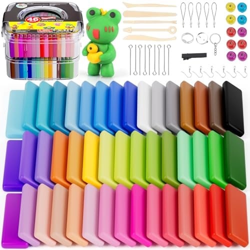 iFergoo Knete Starter Set 46 Farben Modelliermasse mit 5 Werkzeug & Zubehör | DIY Polymer Clay, Ofen Backen Polymer Ton für Fantasievolles und Kreatives Spielen fur Kinder, Geschenk für Jungen und Mädche
