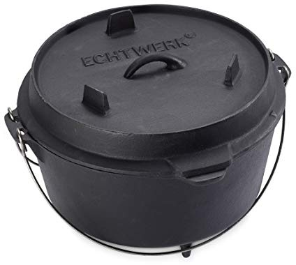 Echtwerk EW-GE-1225 Dutch Oven BBQ Kochtopf ca. 8 L, Bereits eingebrannt - preseasoned, Deckel mit Edelstahl Henkel als Pfanne nutzbar, Grilltopf für Indoor und Outdoor, Big-Edition, Gusseisen