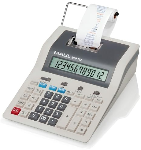 Maul Tischrechner mit Papierrolle | druckender, kaufmännischer Taschenrechner mit 12-stelligem Display | 2-Farbiger Druck | 2,4 Zeilen/Sek | Netz- und Batteriebetrieb