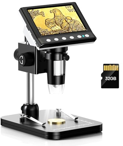 Digital Mikroskop, 4,3 Zoll LCD Mikroskope, 1080P USB Mikroskope mit 8 Einstellbaren LED Licht, 32GBTF-Karte, Mikroskop für Kinder, Erwachsene, Kompatibel mit MacOS Windows