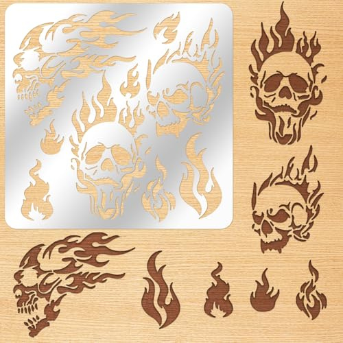 ORIGACH 15.6 x 15.6 cm Metall Schablonen Feuerschädel Metall Schablonenvorlage für Holzschnitzerei, Brandmalerei und Holzverbrennung, Gravur und Scrapbooking-Projekt