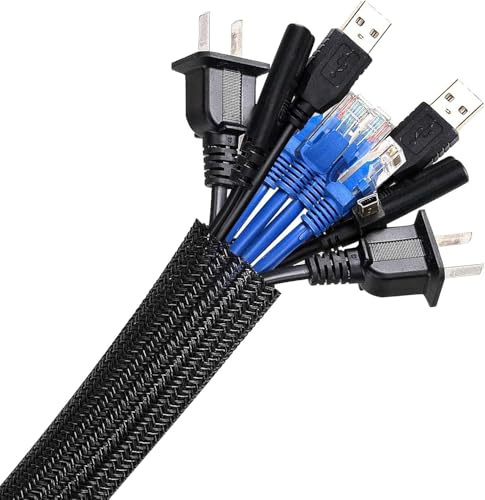 AGPTEK 2m Kabelschlauch, 25-39mm selbstschließend Kabelkanal, Flexibler gewebter Kabelmantel, Kabelmanagement für Schreibtisch, TV, Computer, PC, Kabelschutz für Hund, Katze, Schwarz