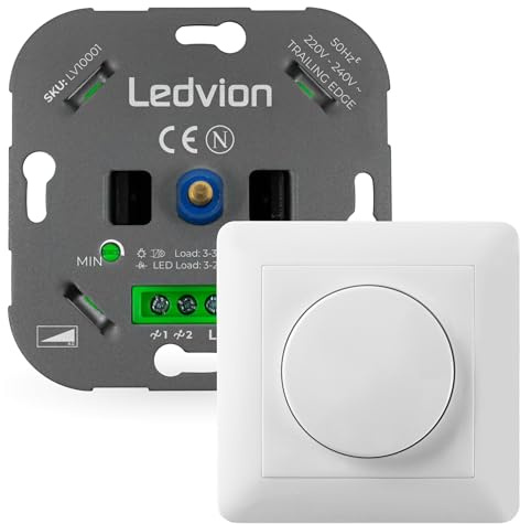 Ledvion - LED Dimmer Schalter, Drehdimmer Unterputz Dimmschalter, Phasenabschnitt, für dimmbare LEDs 3–250W / Halogen 3–300W, 220-240V, Weiß Abdeckrahmen, Dimmer für LED Lampen