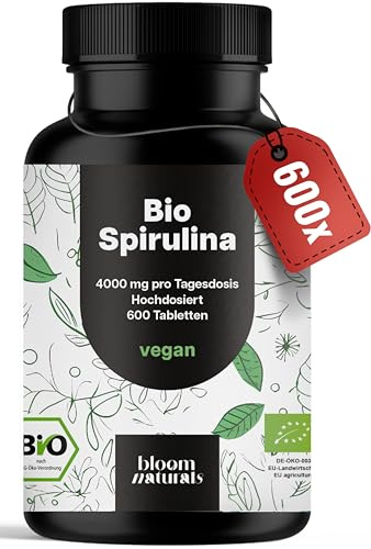 Bio Spirulina Presslinge Hochdosiert - 600 Tabletten (500mg) - 4000 mg pro Tagesdosis, Bio-Algen aus kontrolliert biologischem Anbau, Vegan & Produziert in Deutschland - Laborgeprüft