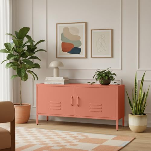 skølm Atria Lowboard aus Metall – TV Schrank in Terrakotta – Fernsehtisch mit 4 verstellbaren Fächern – TV Board 105x38x55 cm (BxTxH) – Sideboard / Fernsehschrank / Wohnzimmerschrank / Metallschrank