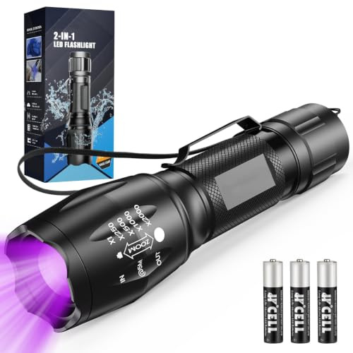 MOWETOO Taschenlampe UV Lampe 2 in 1 Schwarzlicht 395nm für Urin, Banknoten | 4 Modi (Weiß h/n, SOS, UV), 40W, 3 AAA, Alu, wasserdicht, Fokus, für Urin, Banknoten, Lecks & Wanzen, Indoor/Outdoor