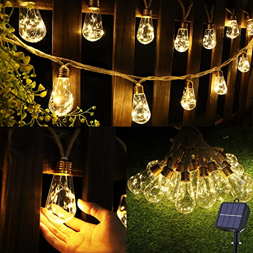 Geemoo Solar Lichterkette Aussen Mit 16 Glühbirnen, 6.4M Solar Lichterkette Außen Wetterfest Warmweiß, Vintage Solarlichterketten mit Hanfseil Outdoor Deko für Garten, Party, Balkon, Hof, Hochzeit
