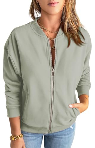YUTILA Bomberjacke Damen Blouson Jacke Baumwolle Übergangsjacke Sweatjacke | Klassische Rundhals-Stehkragen, 100% Baumwolle, Leichte, Pflegeleicht, Collegejacke mit Taschen für Fruhling Herbst