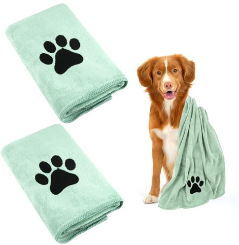 Hundehandtuch, 2 Stück Hundehandtuch Extra Saugfähig für Hunde Und Katzen, Grün Schnelltrocknend Haustier Mikrofaser Handtücher, Hunde Handtuch für Katzen, Hunde Oder Andere Haustiere (75 x 35 cm)