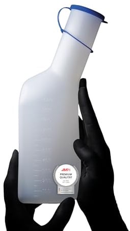 Urinflasche für Männer, 1000 ml, eckig, Farbe milchig mit blauem Verschluss: desinfizierbare und hitzbeständiger Urinsammelbehälter für Männer
