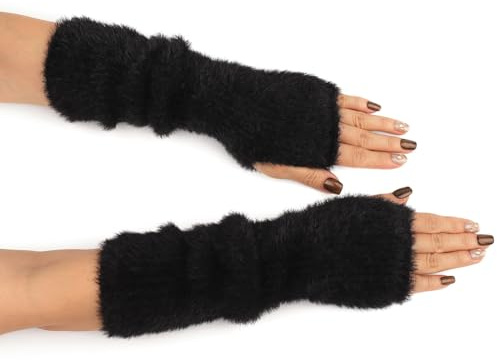 BelleVive Armstulpen für Damen, fingerlose Handschuhe aus nerzähnlichem Samt, Y2K-Pulswärmer, lange Armstulpen, gestrickte fingerlose Thermohandschuhe, warme Winterhandschuhe, Schwarz